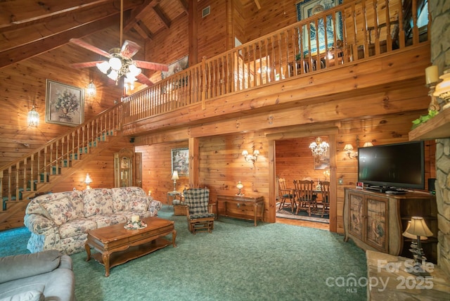 1465 Ohennesy Ln Unit 12, 13, 14, 15, Lenoir, NC 28645 - carpeted living room with stairway, wooden walls, high vaulted ceiling, ceiling fan, and a wood ceiling with exposed beams