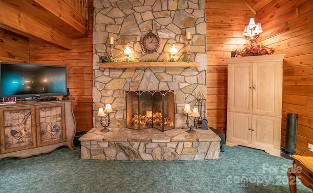 1465 Ohennesy Ln Unit 12, 13, 14, 15, Lenoir, NC 28645 - detailed view of carpet, wooden walls, and a fireplace