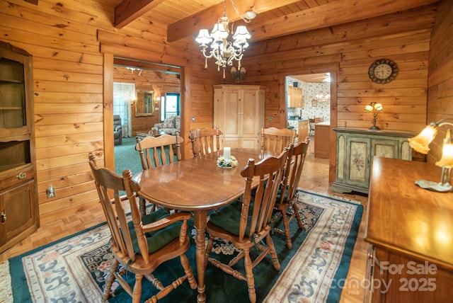 1465 Ohennesy Ln Unit 12, 13, 14, 15, Lenoir, NC 28645 - dining space featuring a chandelier, wooden walls, and a wood ceiling with exposed beams