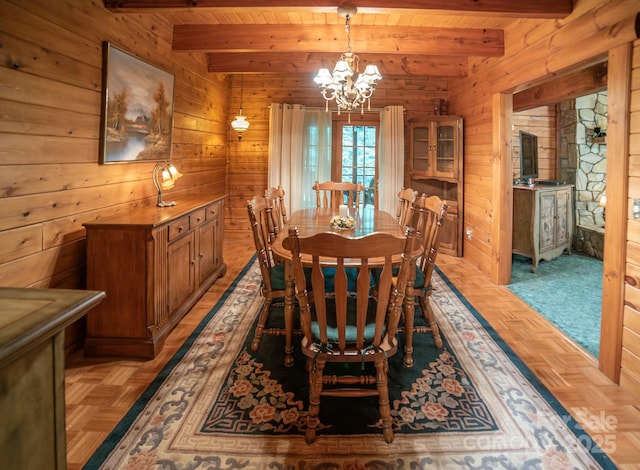 1465 Ohennesy Ln Unit 12, 13, 14, 15, Lenoir, NC 28645 - dining area featuring wooden walls, a wooden ceiling with exposed beams, and a chandelier