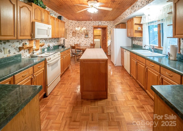 1465 Ohennesy Ln Unit 12, 13, 14, 15, Lenoir, NC 28645 - kitchen with white appliances, wallpapered walls, washer / clothes dryer, ceiling fan, and wooden ceiling