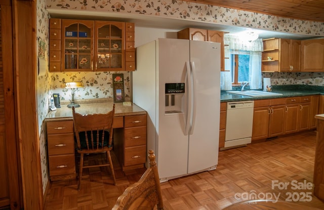 1465 Ohennesy Ln Unit 12, 13, 14, 15, Lenoir, NC 28645 - kitchen featuring white appliances, wallpapered walls, brown cabinets, open shelves, and glass insert cabinets