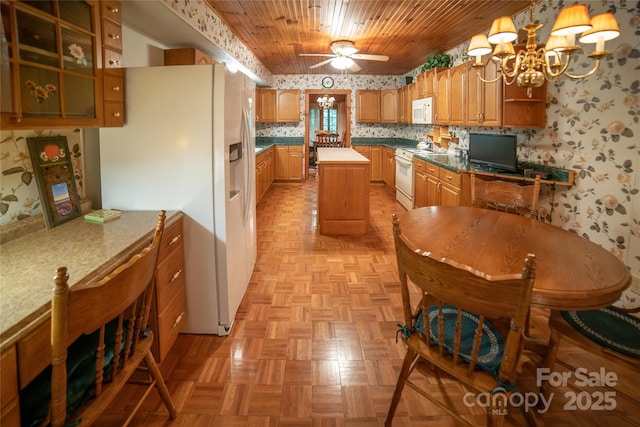 1465 Ohennesy Ln Unit 12, 13, 14, 15, Lenoir, NC 28645 - kitchen featuring wallpapered walls, white appliances, wooden ceiling, ceiling fan, and a chandelier