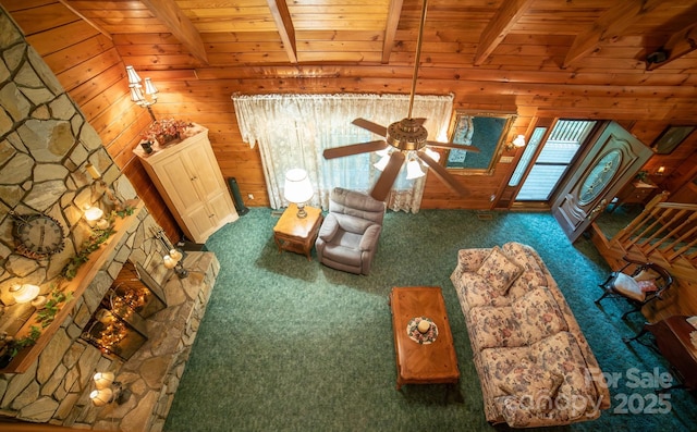1465 Ohennesy Ln Unit 12, 13, 14, 15, Lenoir, NC 28645 - living room featuring carpet flooring, a ceiling fan, a wooden ceiling with exposed beams, and wooden walls