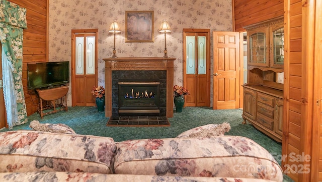 1465 Ohennesy Ln Unit 12, 13, 14, 15, Lenoir, NC 28645 - living area with carpet floors, wallpapered walls, a fireplace, and wood walls