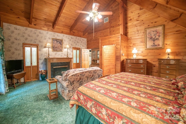 1465 Ohennesy Ln Unit 12, 13, 14, 15, Lenoir, NC 28645 - carpeted bedroom with wallpapered walls, a high end fireplace, wooden ceiling, and wooden walls