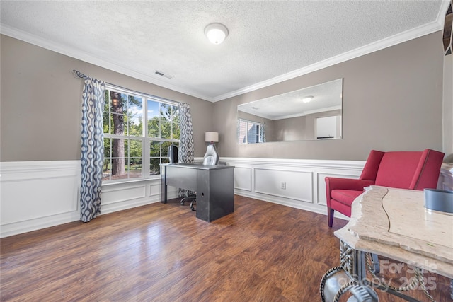 241 Chestnut Ave, Tega Cay, SC 29708 - office area featuring a textured ceiling, wood finished floors, ornamental molding, a wainscoted wall, and a decorative wall