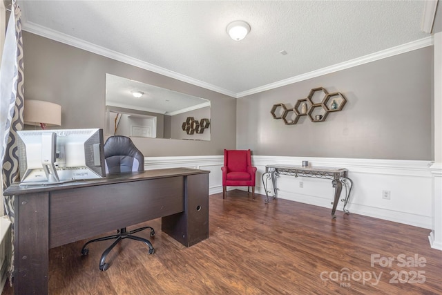 241 Chestnut Ave, Tega Cay, SC 29708 - home office with ornamental molding, wood finished floors, a wainscoted wall, and a textured ceiling
