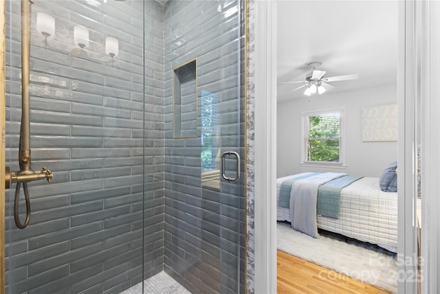 1024 Regency Dr, Charlotte, NC 28211 - bathroom with ensuite bathroom, a stall shower, and a ceiling fan