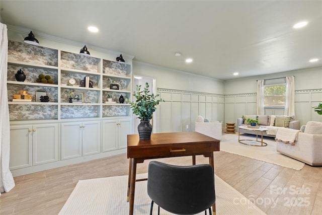 1024 Regency Dr, Charlotte, NC 28211 - office featuring light wood-style flooring, a decorative wall, ornamental molding, and recessed lighting