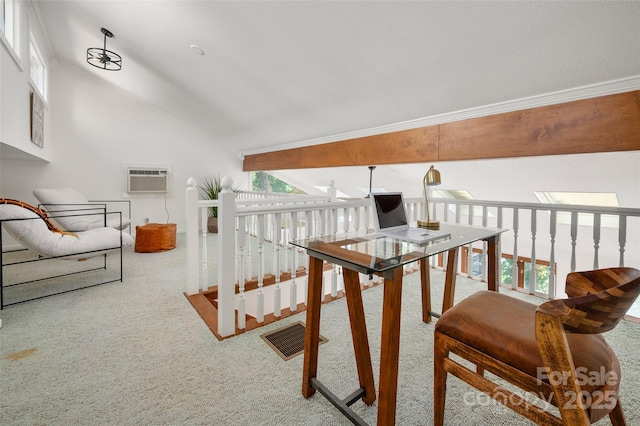 6259 River Cabin Ln, Charlotte, NC 28278 - staircase with carpet flooring, a wall unit AC, vaulted ceiling, and plenty of natural light