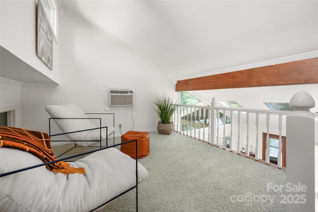 6259 River Cabin Ln, Charlotte, NC 28278 - carpeted bedroom featuring lofted ceiling, a wall unit AC, and ornamental molding