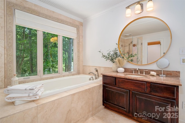 6259 River Cabin Ln, Charlotte, NC 28278 - bathroom with vanity, a garden tub, an enclosed shower, and crown molding