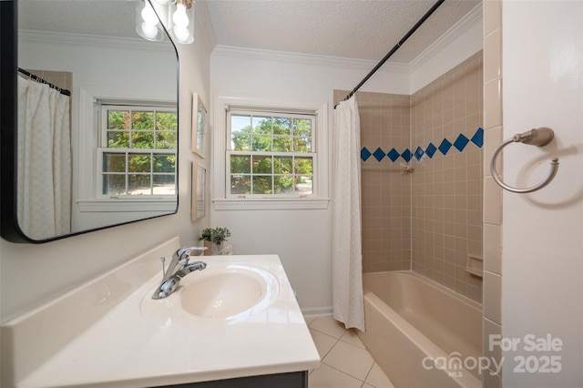 6259 River Cabin Ln, Charlotte, NC 28278 - bathroom with vanity, tile patterned flooring, crown molding, shower / bath combination with curtain, and a textured ceiling