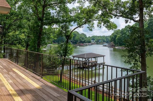 6259 River Cabin Ln, Charlotte, NC 28278 - deck featuring a water view, a boat dock, and boat lift