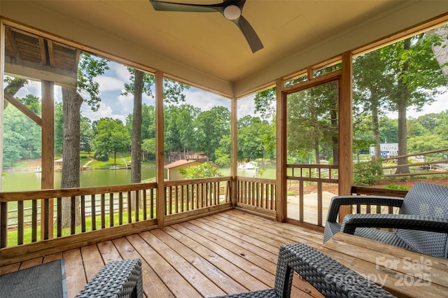 6259 River Cabin Ln, Charlotte, NC 28278 - sunroom / solarium with view of scattered trees, a ceiling fan, and a water view
