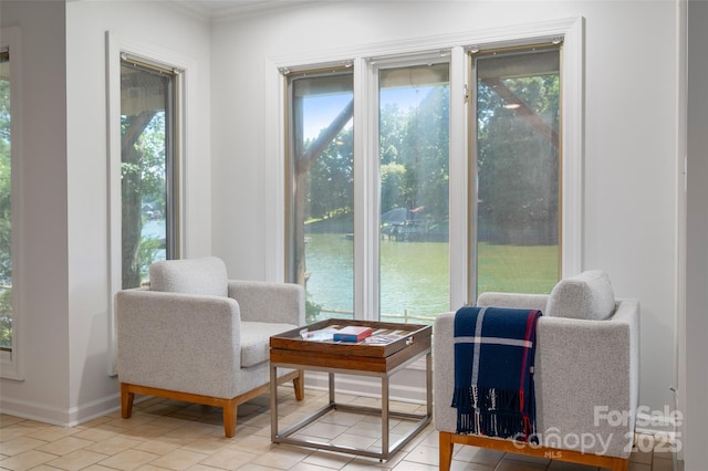 6259 River Cabin Ln, Charlotte, NC 28278 - living area with healthy amount of natural light, a water view, light tile patterned floors, and crown molding