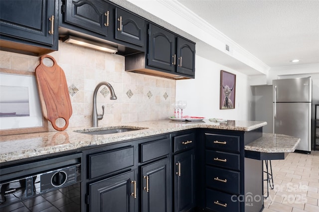6259 River Cabin Ln, Charlotte, NC 28278 - kitchen featuring freestanding refrigerator, dishwasher, decorative backsplash, a peninsula, and crown molding
