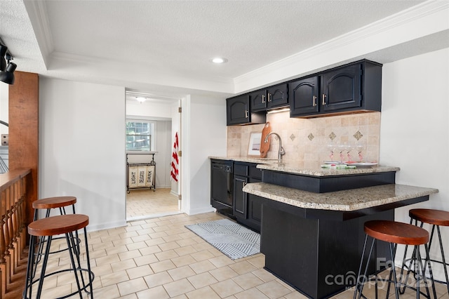 6259 River Cabin Ln, Charlotte, NC 28278 - kitchen featuring a breakfast bar, tasteful backsplash, a peninsula, light stone counters, and a textured ceiling