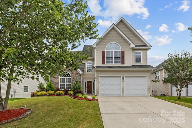 516 Cool Creek Dr, Rock Hill, SC 29732 - traditional-style house with concrete driveway, a garage, a front yard, and stone siding