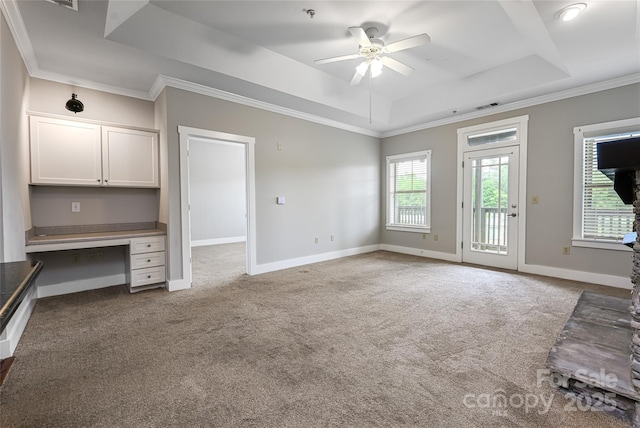 9 Kenilworth Knl, Asheville, NC 28805 - unfurnished living room featuring a tray ceiling, carpet flooring, ceiling fan, healthy amount of natural light, and ornamental molding