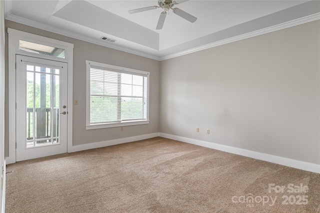9 Kenilworth Knl, Asheville, NC 28805 - carpeted empty room with a tray ceiling, ornamental molding, and a ceiling fan