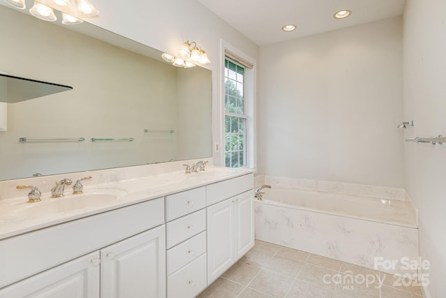 35 Stonecrest Ct, Flat Rock, NC 28731 - bathroom featuring double vanity, a bath, tile patterned flooring, and recessed lighting
