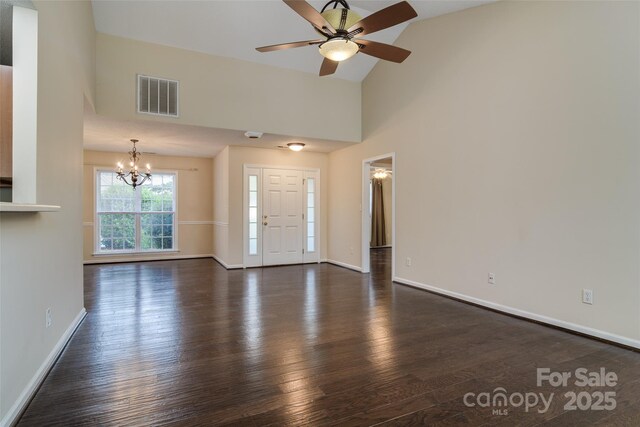 395 Running Briar Rd, Fletcher, NC 28732 - unfurnished living room featuring a chandelier, dark wood-style floors, a ceiling fan, and high vaulted ceiling