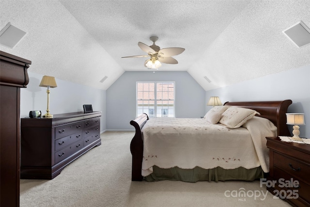 129 Nims Spring Dr, Fort Mill, SC 29715 - bedroom with light carpet, lofted ceiling, a textured ceiling, and a ceiling fan