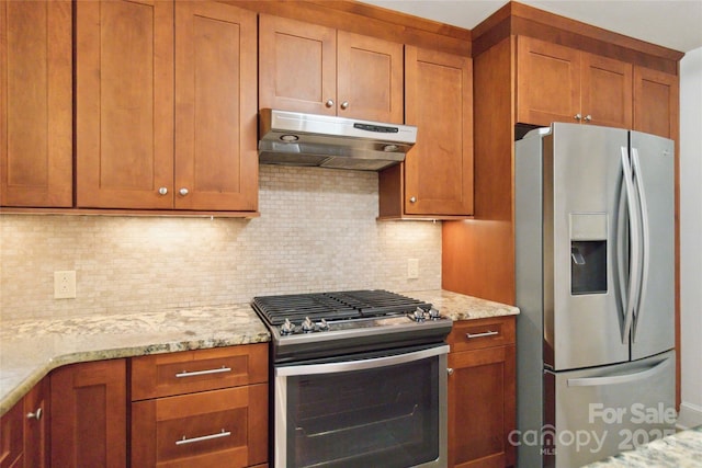 6921 Thermal Rd, Charlotte, NC 28211 - kitchen featuring appliances with stainless steel finishes, under cabinet range hood, brown cabinetry, and backsplash