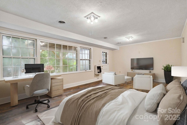 6921 Thermal Rd, Charlotte, NC 28211 - bedroom featuring a textured ceiling, wood finished floors, an office area, heating unit, and ornamental molding