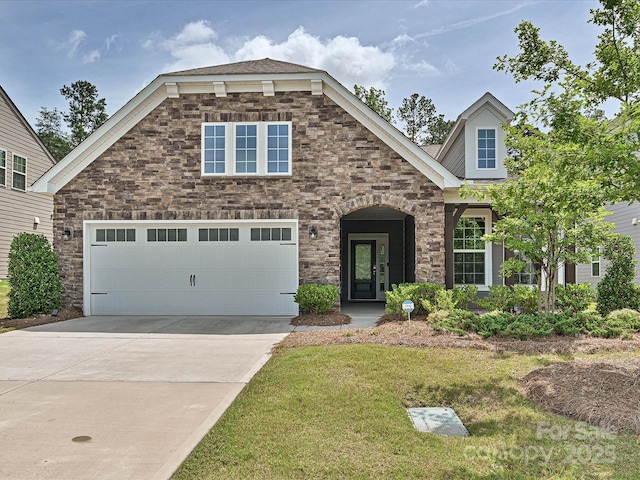 15614 Aviary Orchard Way, Charlotte, NC 28278 - view of front of home with a garage, driveway, a front yard, and stone siding