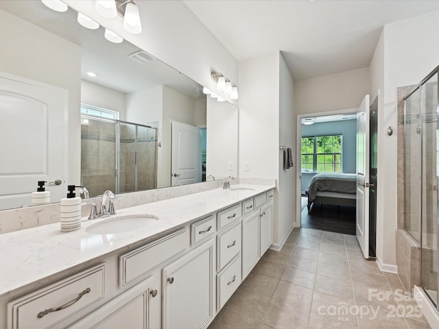 15614 Aviary Orchard Way, Charlotte, NC 28278 - full bathroom with a stall shower, double vanity, and connected bathroom