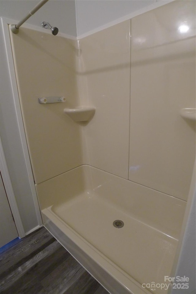 236 Boxwood Church Rd, Mocksville, NC 27028 - bathroom featuring wood finished floors and a shower