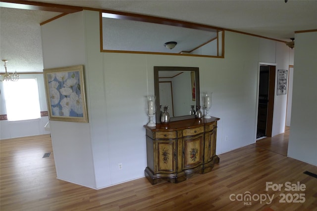 236 Boxwood Church Rd, Mocksville, NC 27028 - hall with lofted ceiling, wood finished floors, and a chandelier