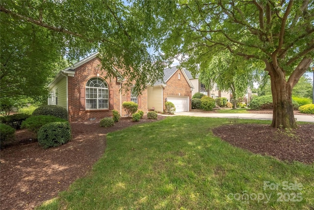 14103 Hiawatha Ct, Huntersville, NC 28078 - view of property hidden behind natural elements with brick siding, concrete driveway, a front lawn, and an attached garage