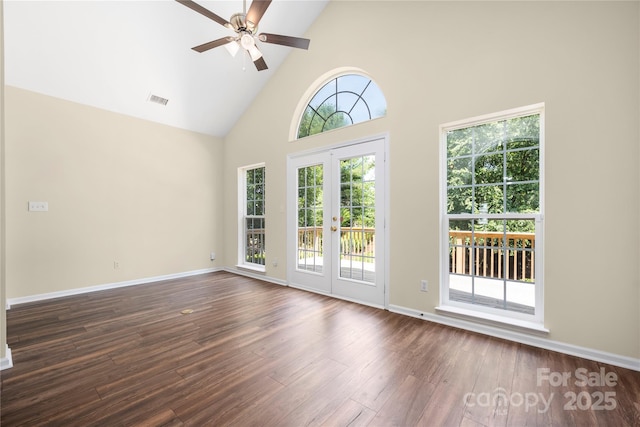 14103 Hiawatha Ct, Huntersville, NC 28078 - spare room with high vaulted ceiling, a ceiling fan, french doors, and dark wood finished floors