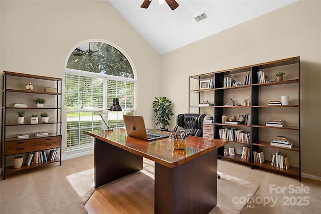 14103 Hiawatha Ct, Huntersville, NC 28078 - home office featuring ceiling fan, light carpet, and high vaulted ceiling