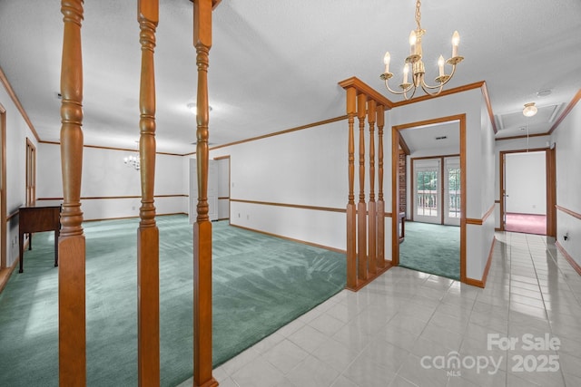 324 Swamp Fox Dr, Fort Mill, SC 29715 - stairway featuring carpet, ornamental molding, a chandelier, tile patterned floors, and a textured ceiling