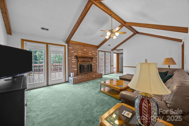 324 Swamp Fox Dr, Fort Mill, SC 29715 - carpeted living room featuring a ceiling fan, a textured ceiling, and a brick fireplace