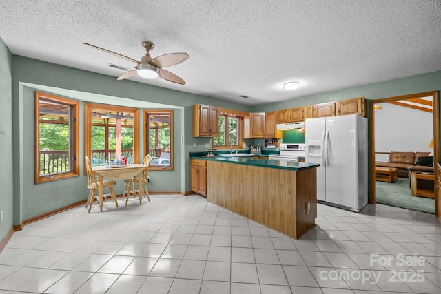 324 Swamp Fox Dr, Fort Mill, SC 29715 - kitchen with white appliances, dark countertops, a textured ceiling, under cabinet range hood, and a ceiling fan