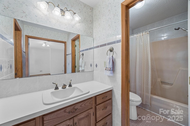 324 Swamp Fox Dr, Fort Mill, SC 29715 - bathroom featuring tile walls, vanity, shower / tub combo with curtain, tile patterned flooring, and wallpapered walls