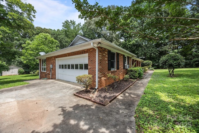 324 Swamp Fox Dr, Fort Mill, SC 29715 - view of home's exterior with brick siding, a yard, an attached garage, concrete driveway, and cooling unit