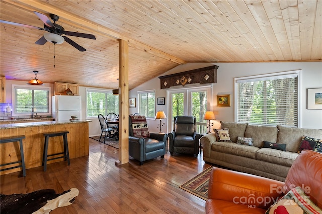 56 Faraway Dr, Cullowhee, NC 28723 - living room with wood ceiling, dark wood finished floors, vaulted ceiling, and ceiling fan