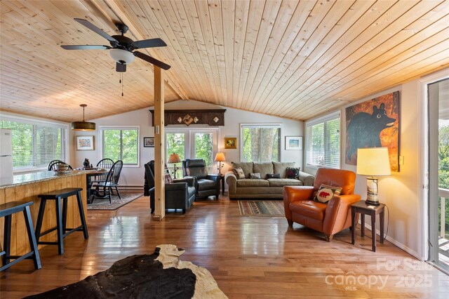 56 Faraway Dr, Cullowhee, NC 28723 - living area featuring wooden ceiling, vaulted ceiling, hardwood / wood-style floors, and a ceiling fan
