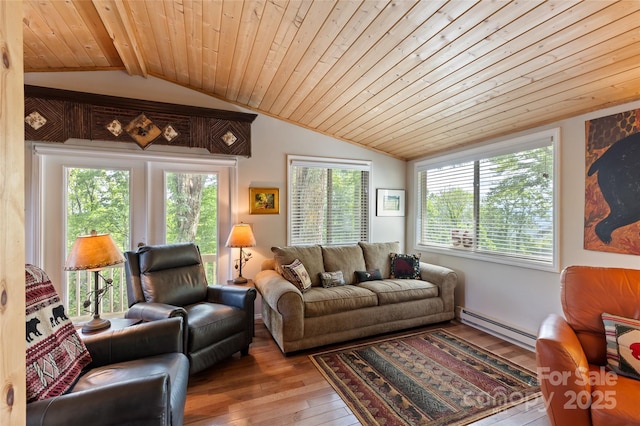 56 Faraway Dr, Cullowhee, NC 28723 - living room featuring a baseboard radiator, lofted ceiling, hardwood / wood-style flooring, french doors, and wood ceiling