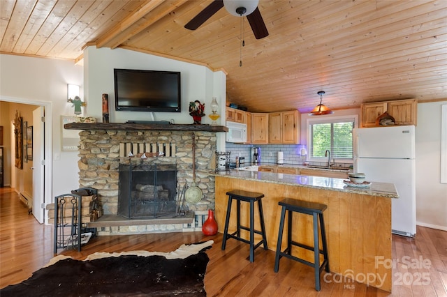 56 Faraway Dr, Cullowhee, NC 28723 - kitchen with white appliances, wood ceiling, ceiling fan, light wood-type flooring, and backsplash