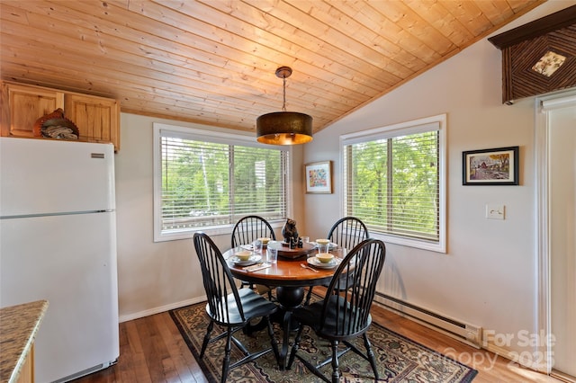 56 Faraway Dr, Cullowhee, NC 28723 - dining space featuring lofted ceiling, baseboard heating, wood ceiling, plenty of natural light, and wood finished floors