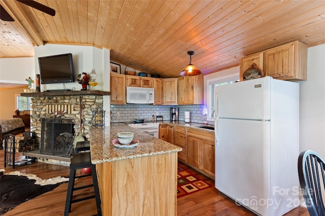 56 Faraway Dr, Cullowhee, NC 28723 - kitchen featuring white appliances, healthy amount of natural light, wooden ceiling, wood finished floors, and vaulted ceiling