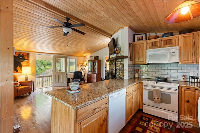 56 Faraway Dr, Cullowhee, NC 28723 - kitchen with white appliances, wooden ceiling, a peninsula, a ceiling fan, and backsplash